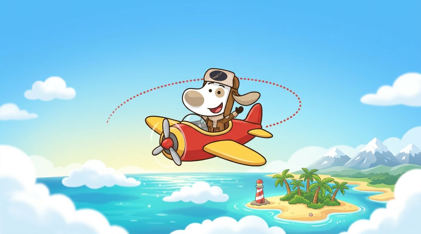 Captain Buddy waving from his red and yellow aeroplane over a sunny island