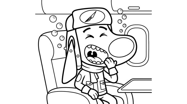 Colouring page: Buddy doing a big yawn in his plane seat