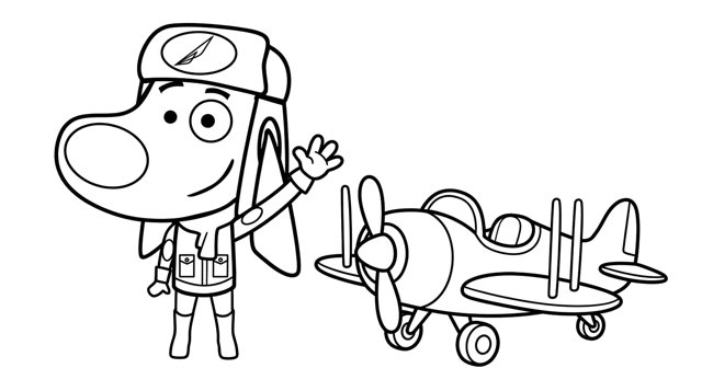 Colouring page: Captain Buddy waving next to his little plane