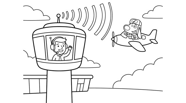 Colouring page: an air traffic controller waving to Buddy's plane