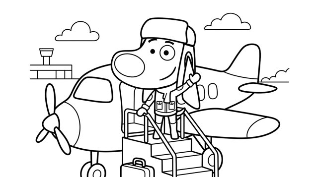 Colouring page: Buddy waving goodbye from the steps of his plane